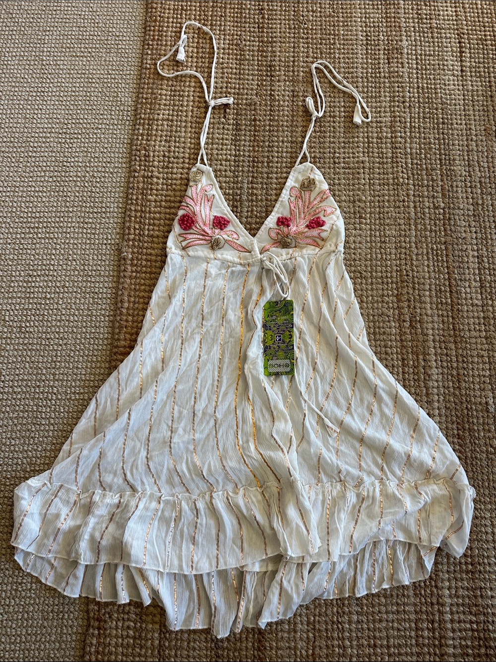 Embroidered Silk White Tiered Summer Dress with Pink Floral Bust